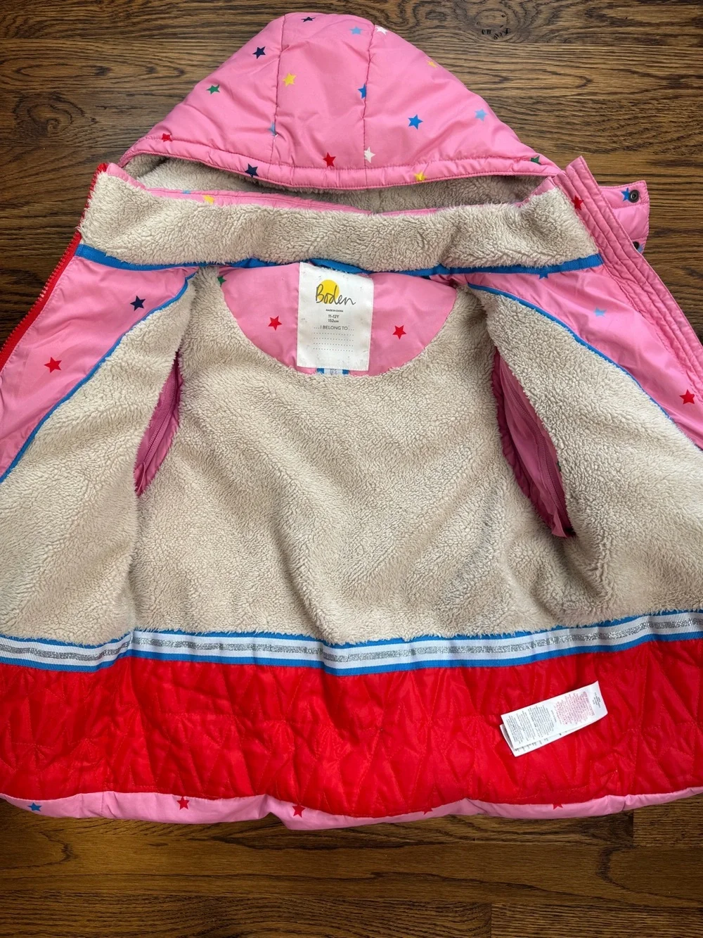Mini Boden Girls Pink Multicolor Star Print 2-in-1 Puffer Jacket w/ Hood 11-12